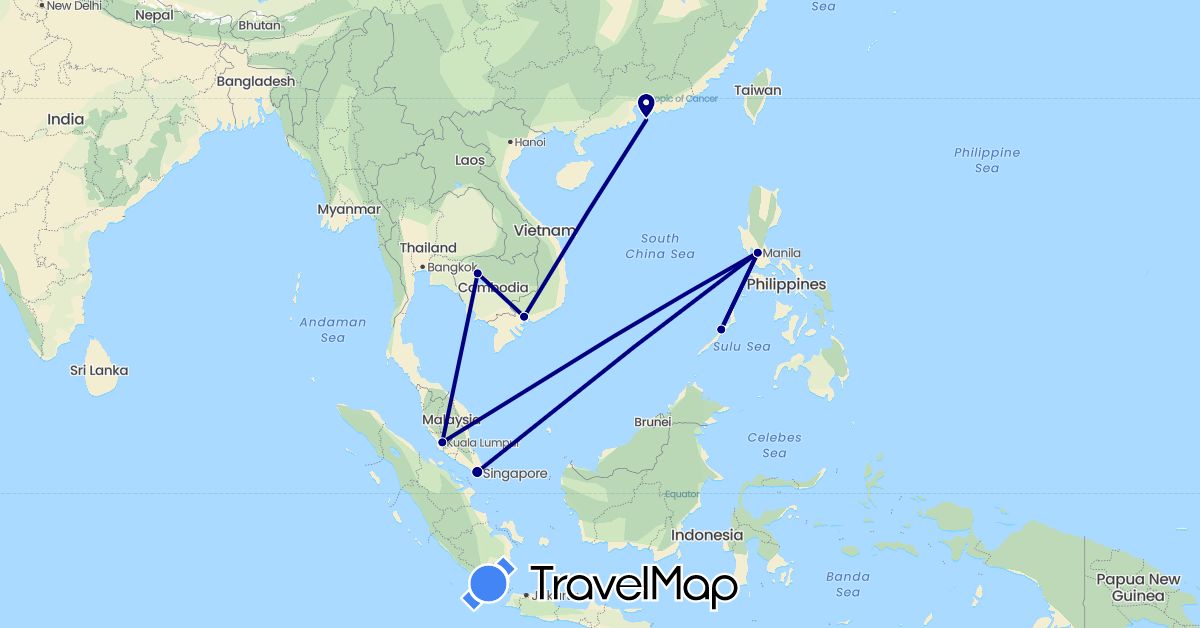 TravelMap itinerary: driving in China, Cambodia, Malaysia, Philippines, Singapore, Vietnam (Asia)
